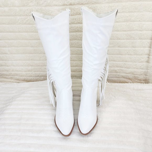 Wild One White Fringe Cowboy Cowgirl Boots Plus Plus size Friendly - Picture 7 of 13